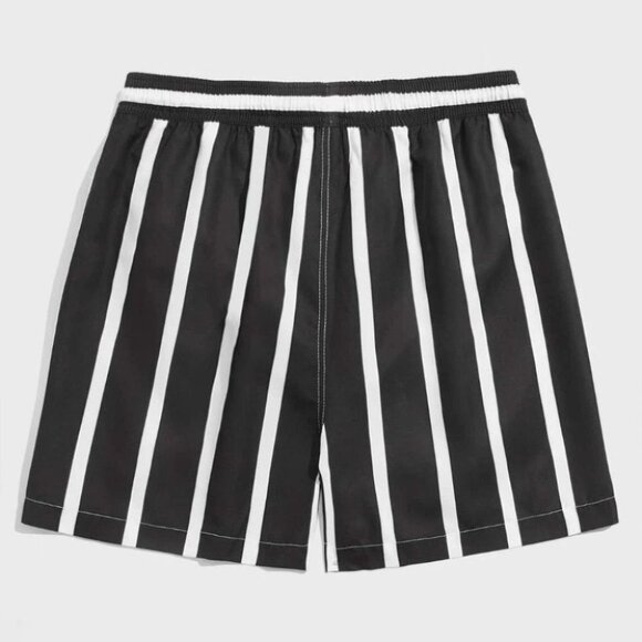 Black Vacation Style Striped Men's Swim Trunks - Picture 2 of 6